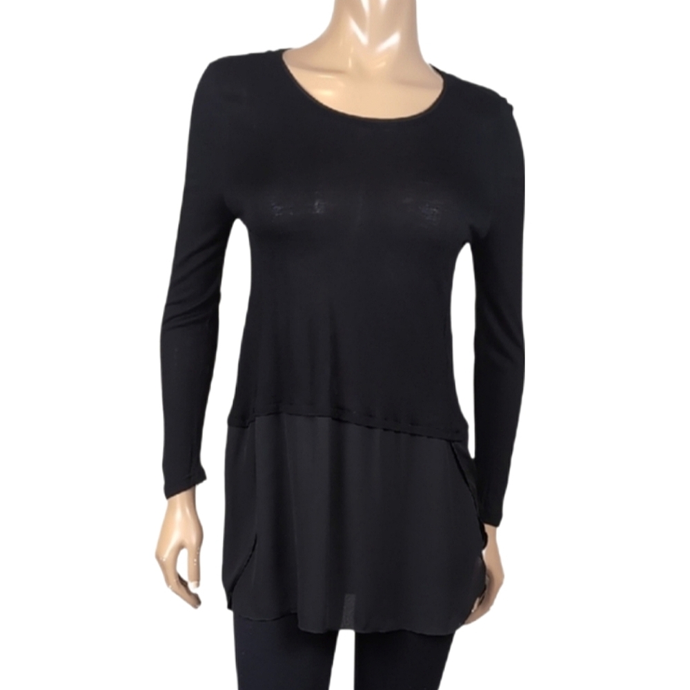 Joe Fresh Black Tunic Top Womens Size Small Long Sleeve Sheer Faux Layer